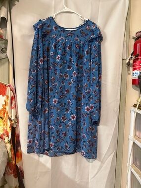 Time and Tru Blue Floral Ruffle-Yoke Long Sleeve Dress